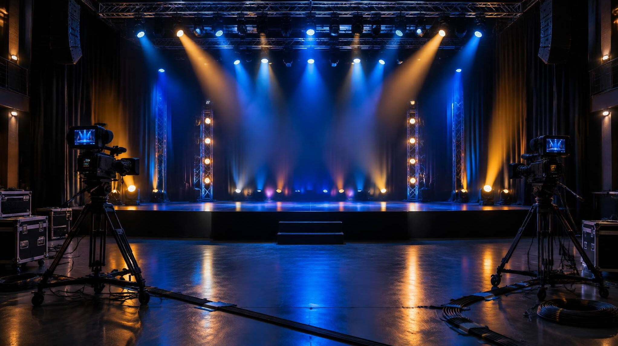 Theatre stage set up with lighting rigs and broadcast cameras