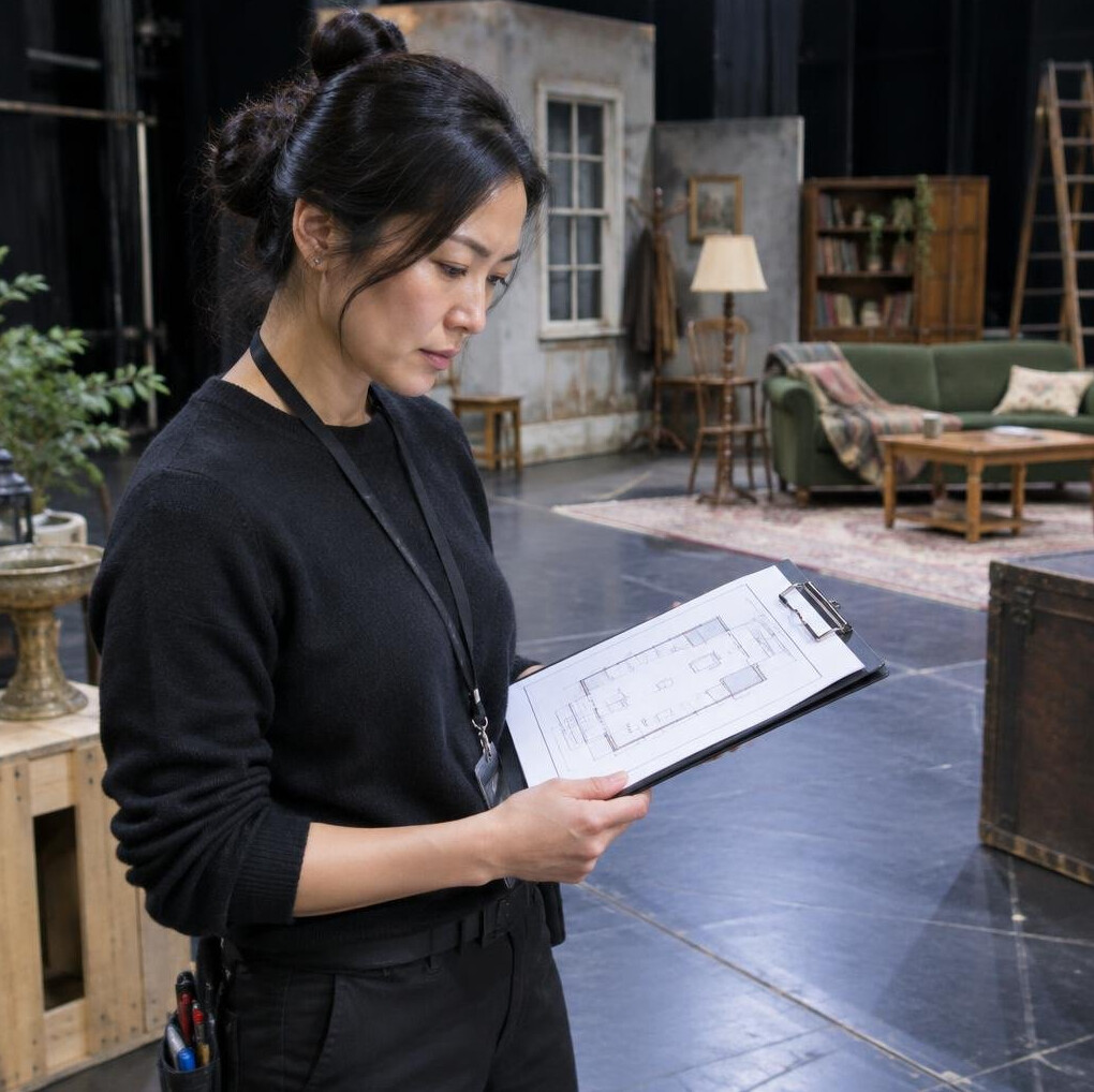 Stage designer reviewing a floor plan