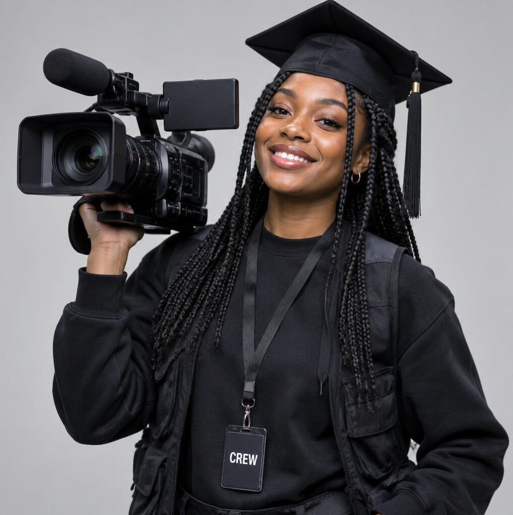 Graduate holding a video camera and smiling