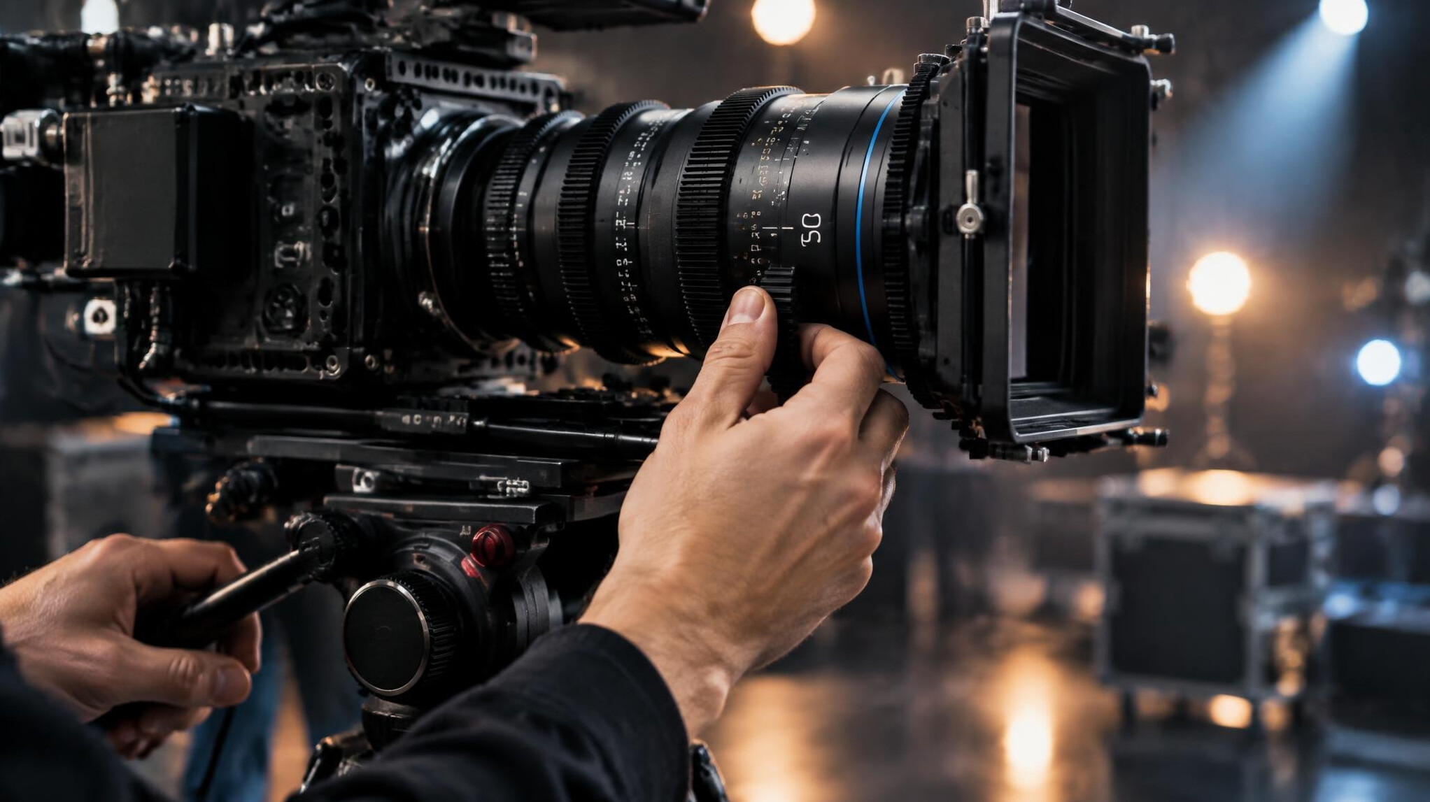 Hands adjusting a cinema camera on a tripod
