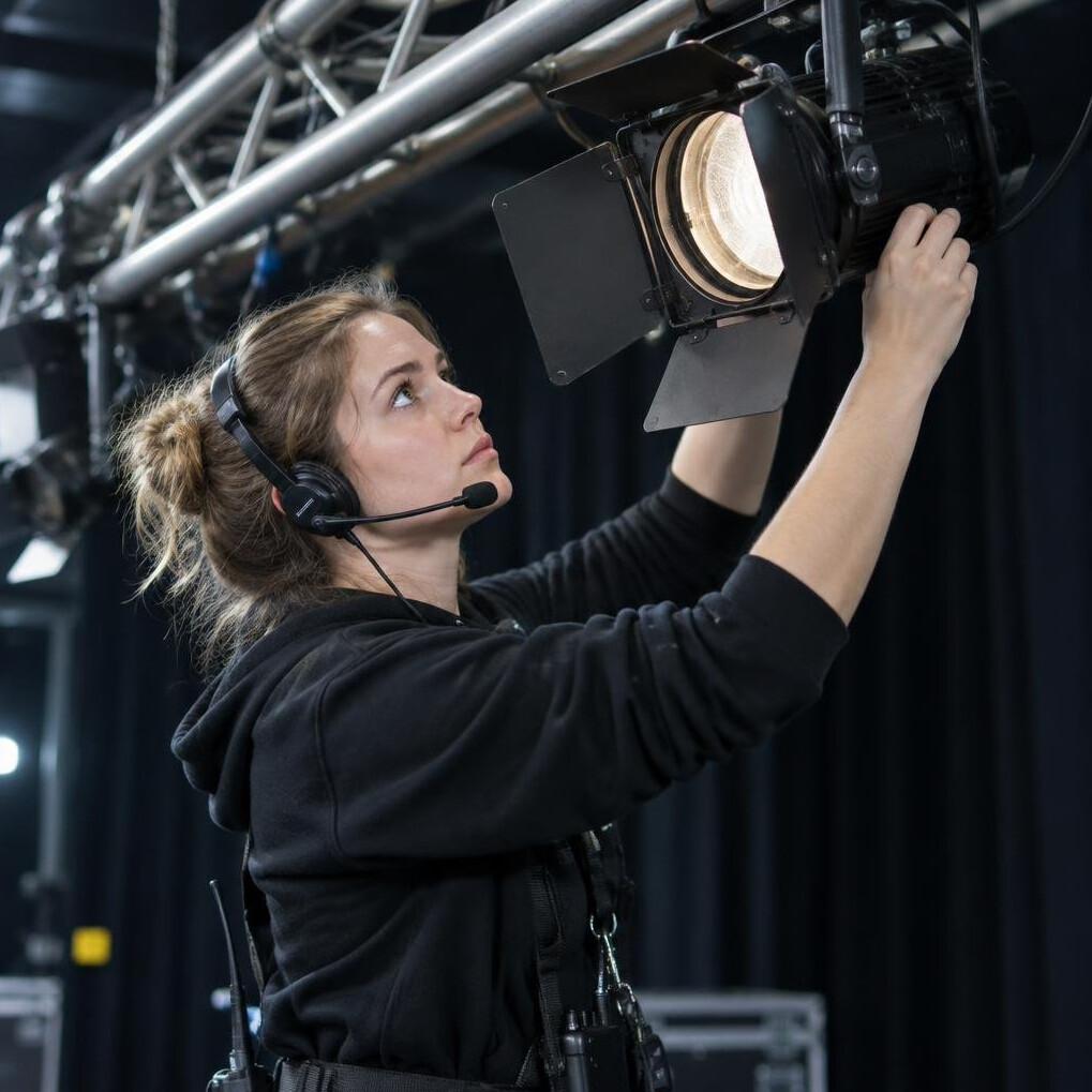 Lighting technician adjusting a stage spotlight