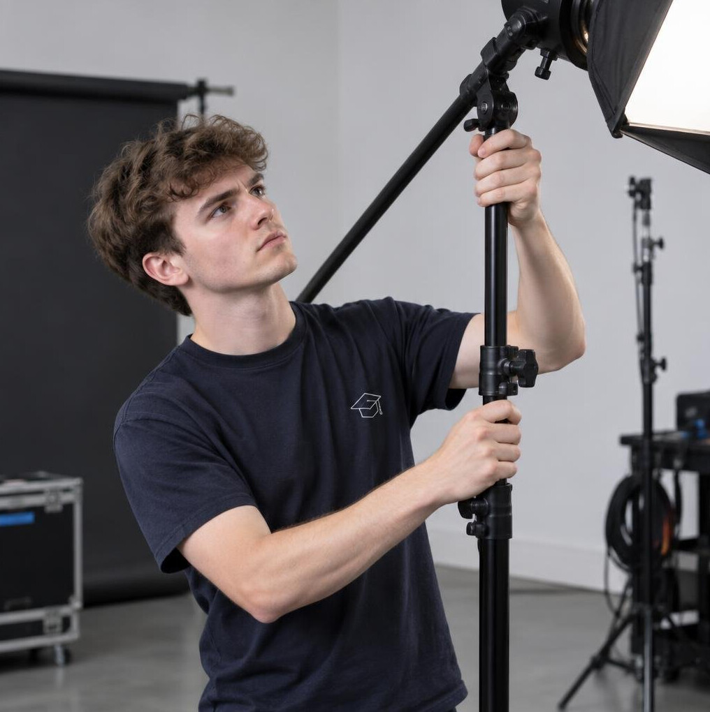 Graduate adjusting a boom light stand