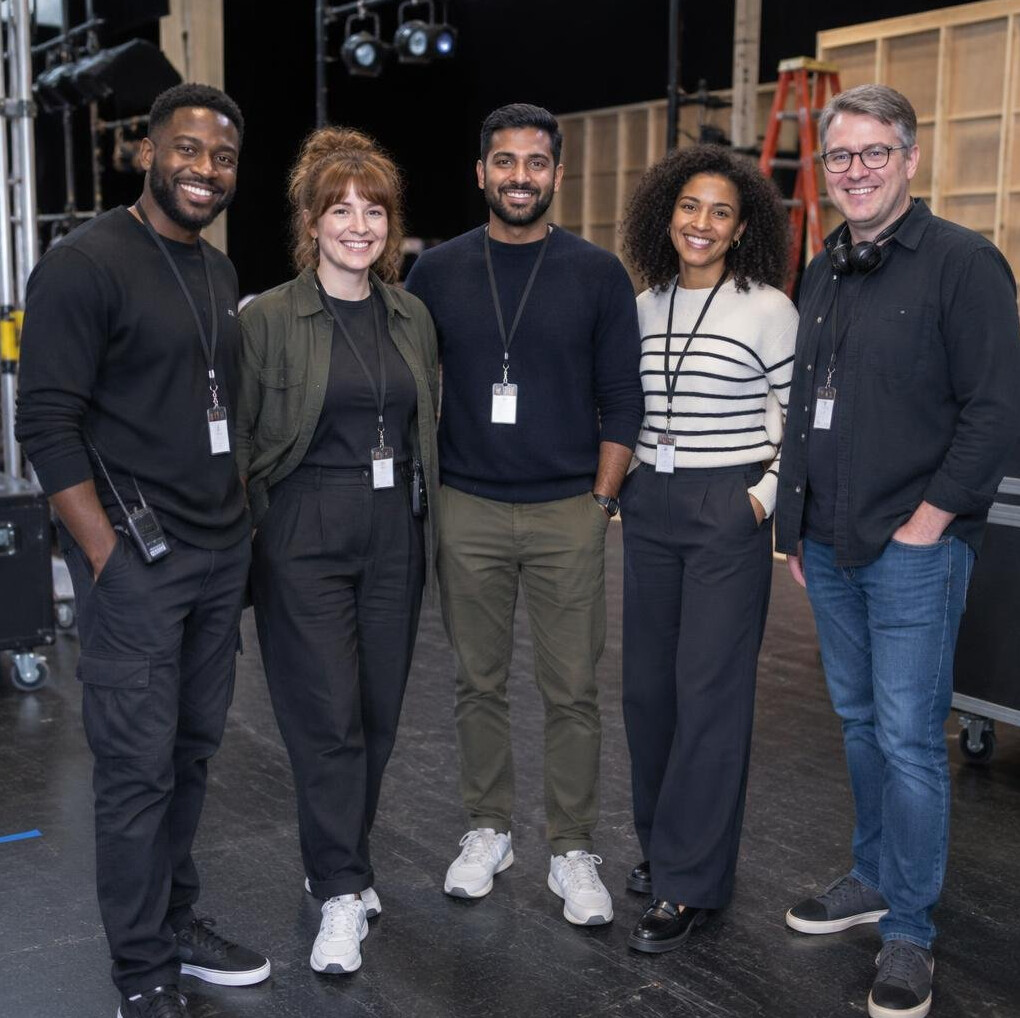 Group of production trainers standing on a stage set