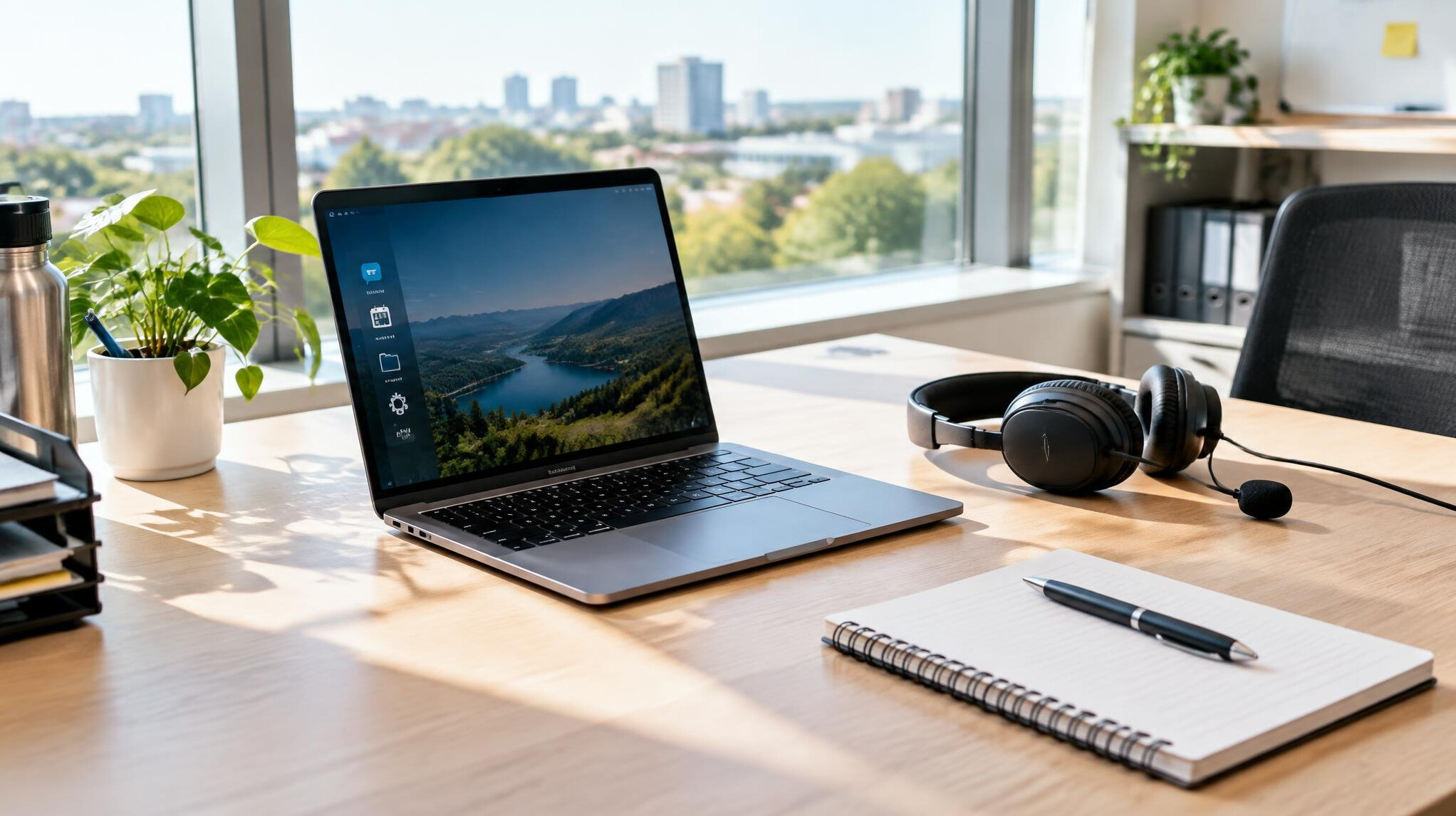 Bright production support office desk with laptop and headset