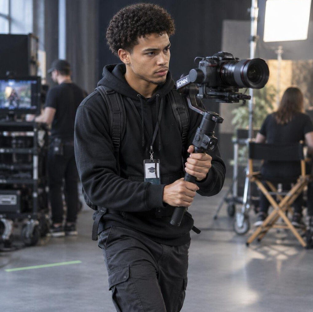 Graduate operating a gimbal camera rig