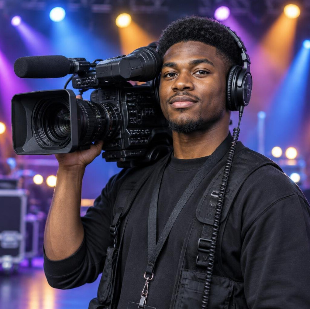 Camera operator filming on a lit stage