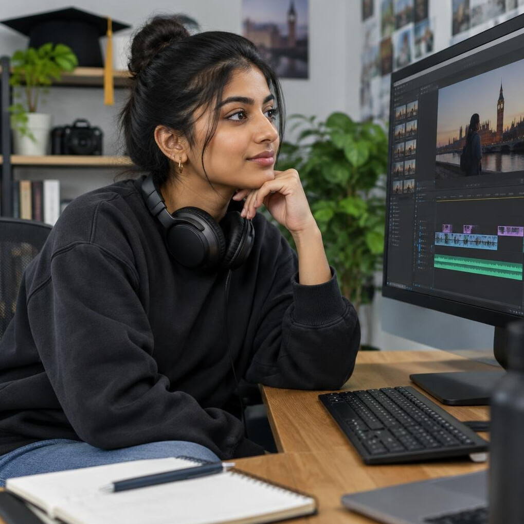 Graduate reviewing footage on a monitor