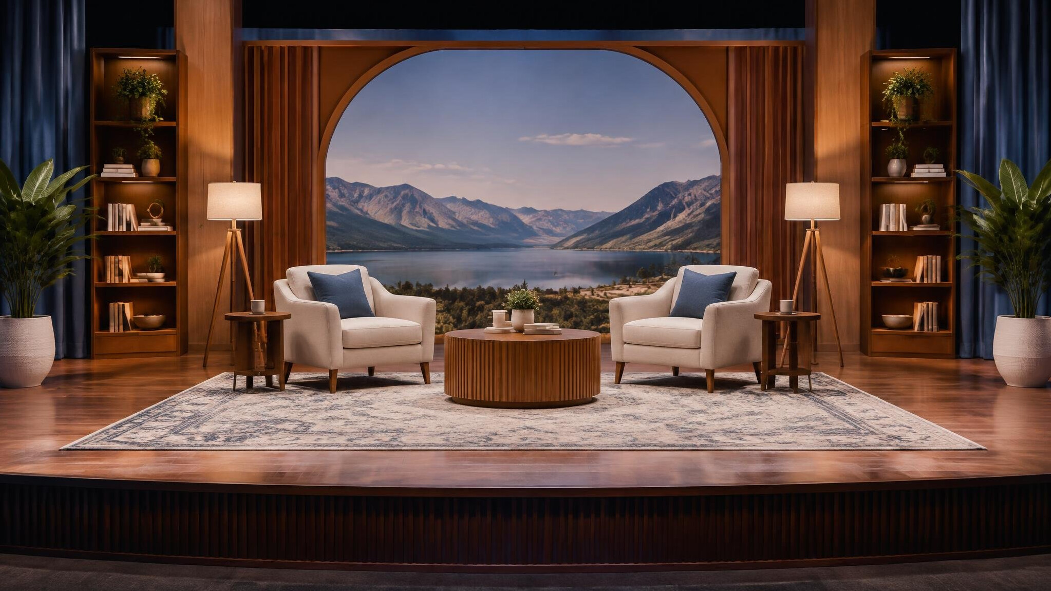 Symmetrically composed stage set with props and backdrop