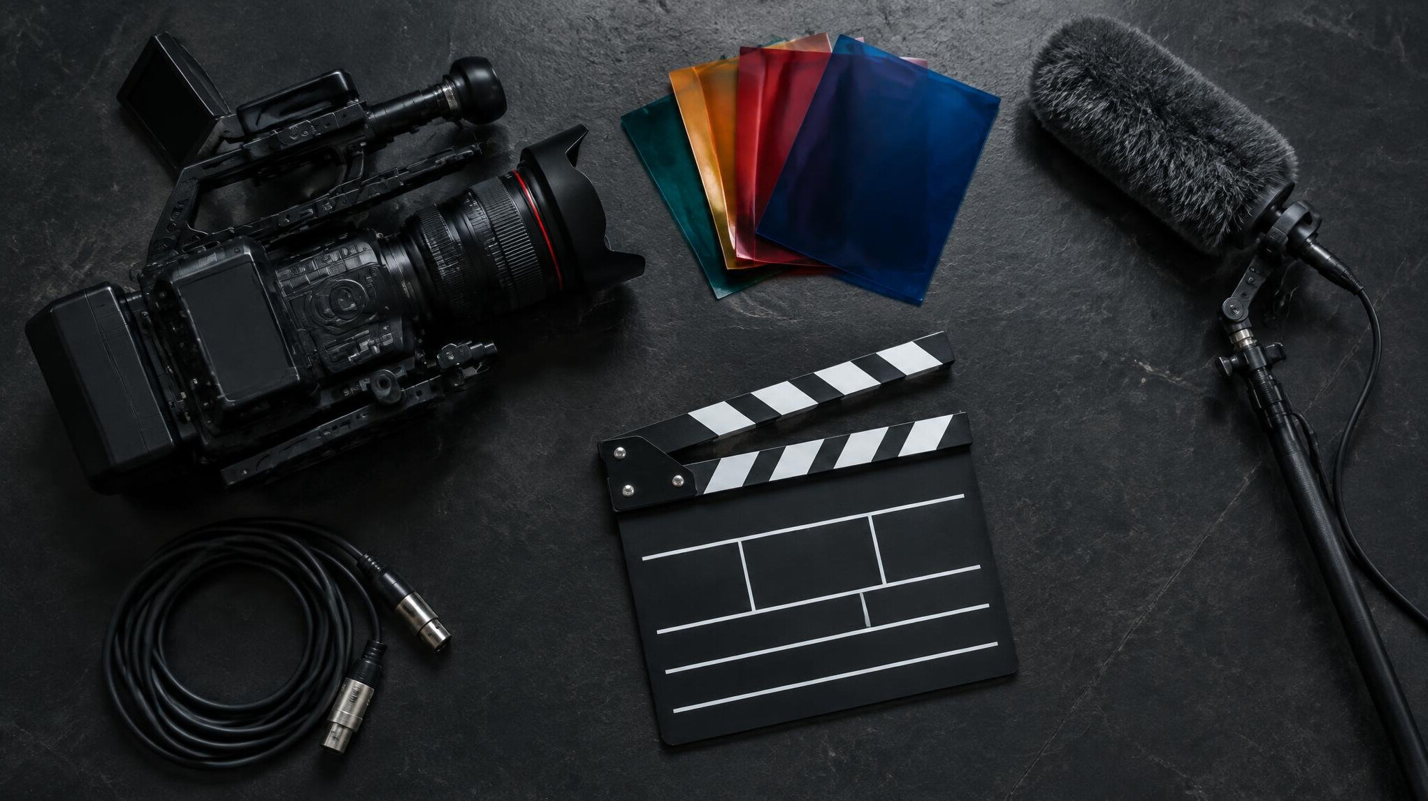 Flat lay of broadcast production gear